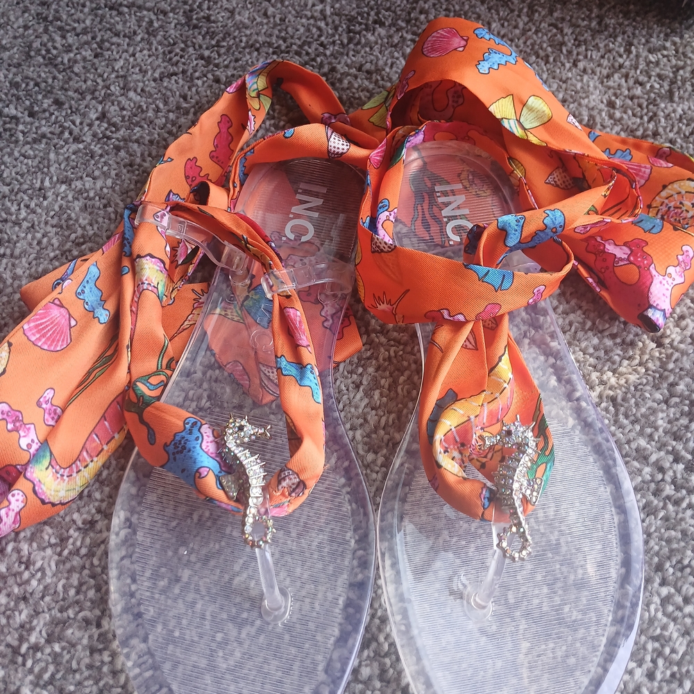 INC Clear Sandals with Orange Patterned Straps